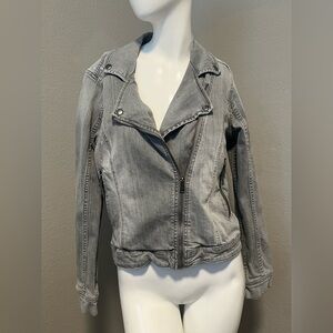 Lucky Brand Handcrafted Women’s Faded Gray LS Zip-Up Denim Moto Jacket Size M